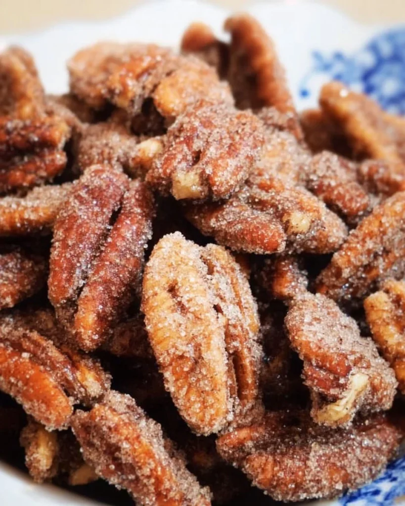 Delicious Cinnamon Sugar Pecans in a bowl, perfect for snacking.