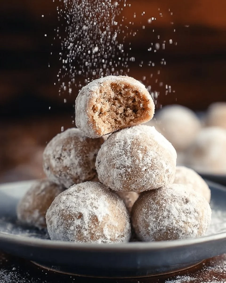 Cinnamon Sugar Snowball Cookies dusted with powdered sugar on a plate