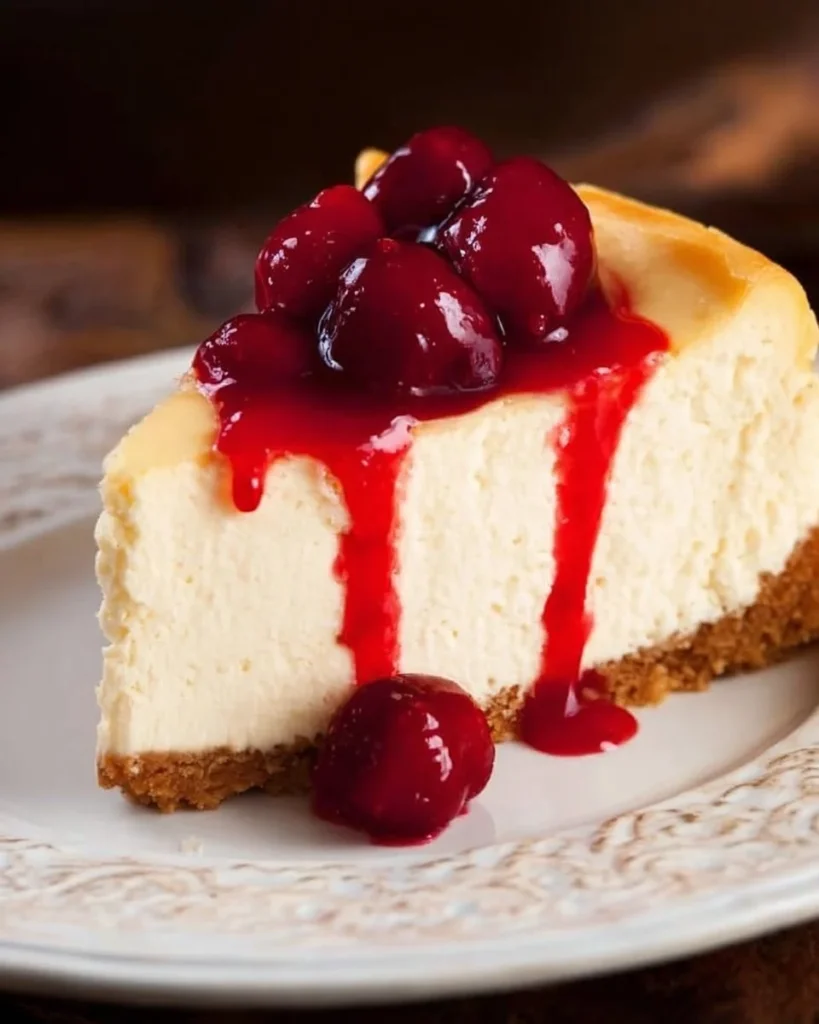 Classic cheesecake topped with fresh berries on a white plate