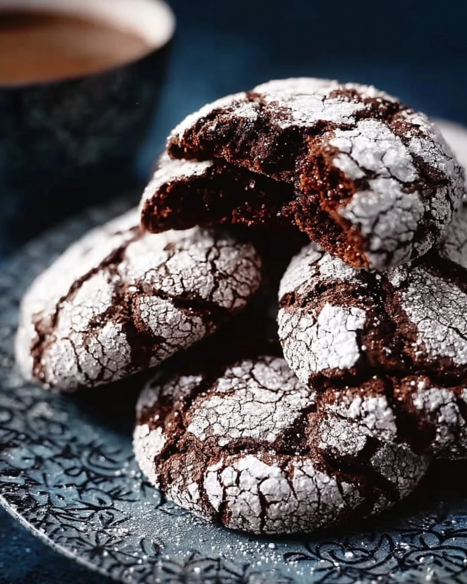 Baked Classic Espresso Chocolate Crinkle Cookies dusted with powdered sugar.