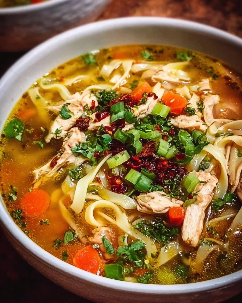Bowl of classic ginger garlic chicken noodle soup with herbs