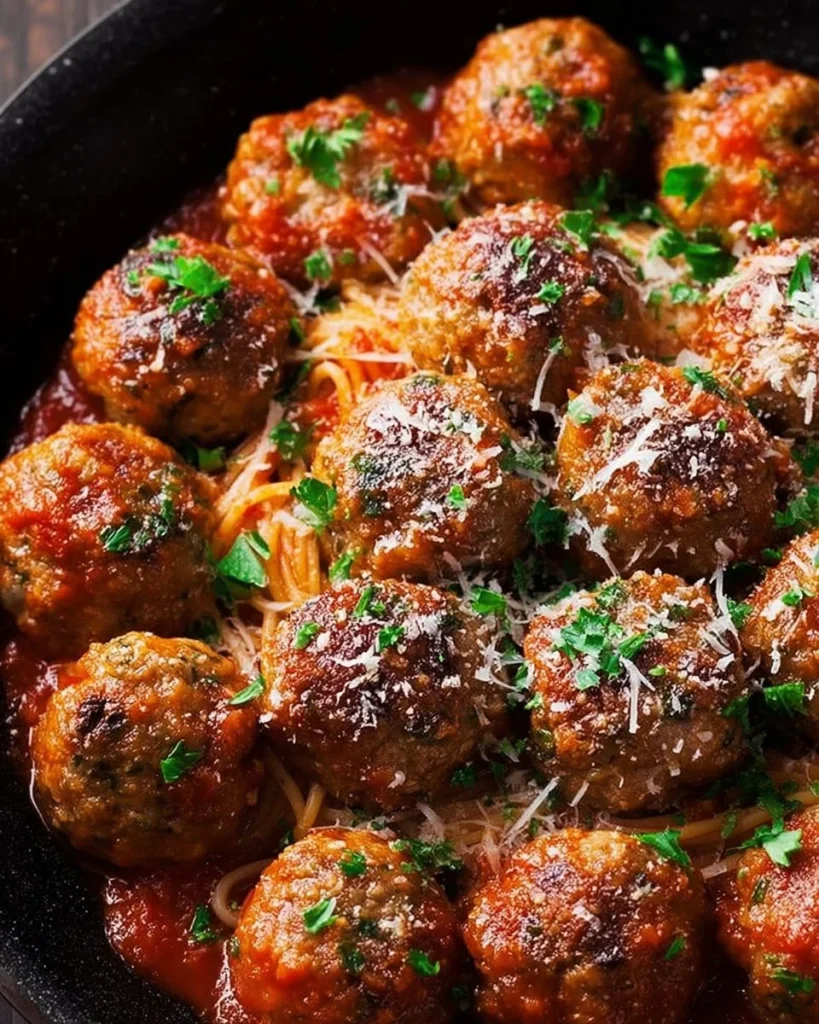 Delicious classic Italian meatballs served with marinara sauce and spaghetti.