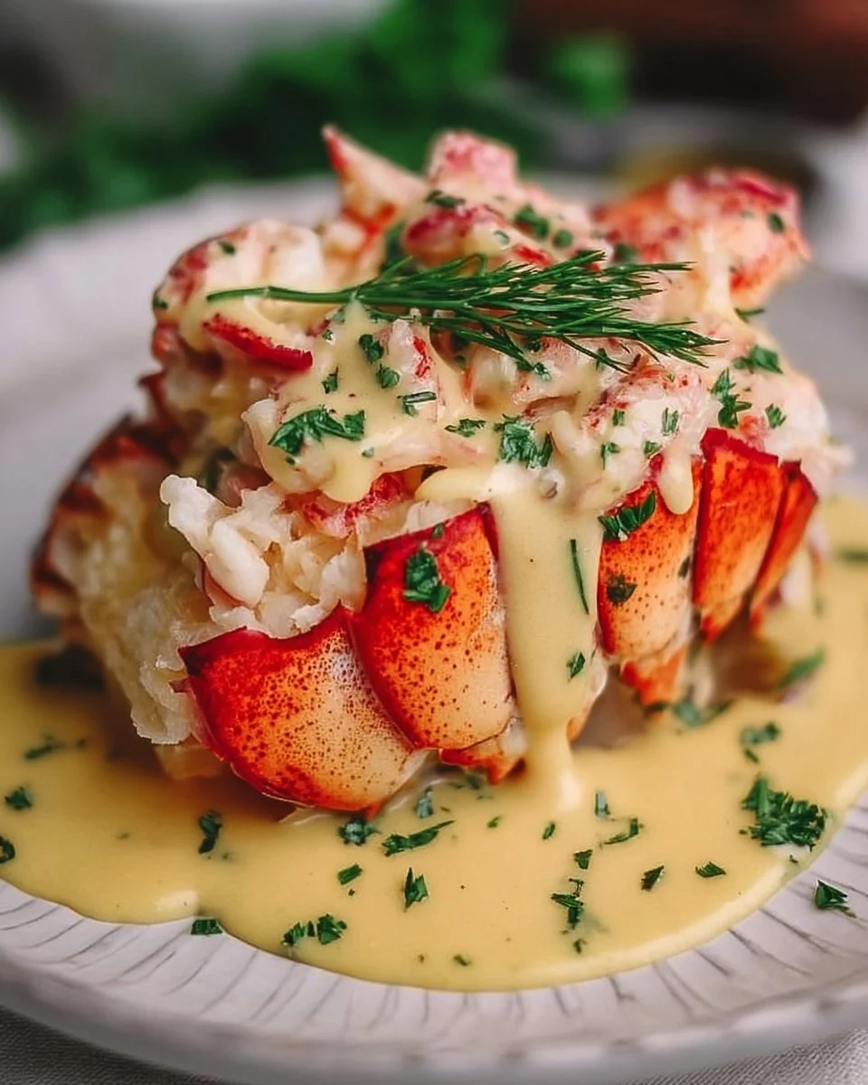 Delicious plate of Classic Lobster Newburg garnished with herbs.