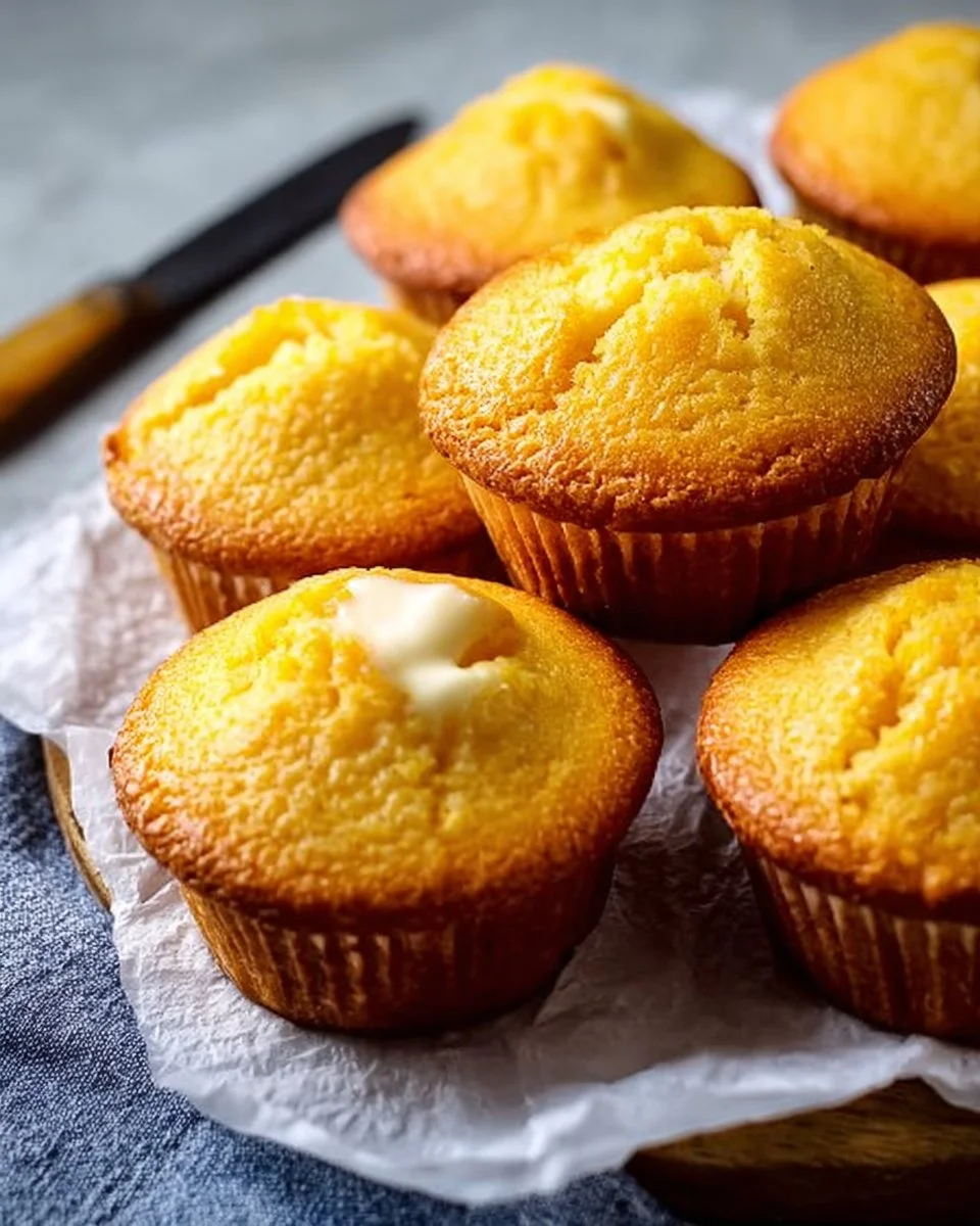 Freshly baked classic moist cornbread muffins on a wooden table