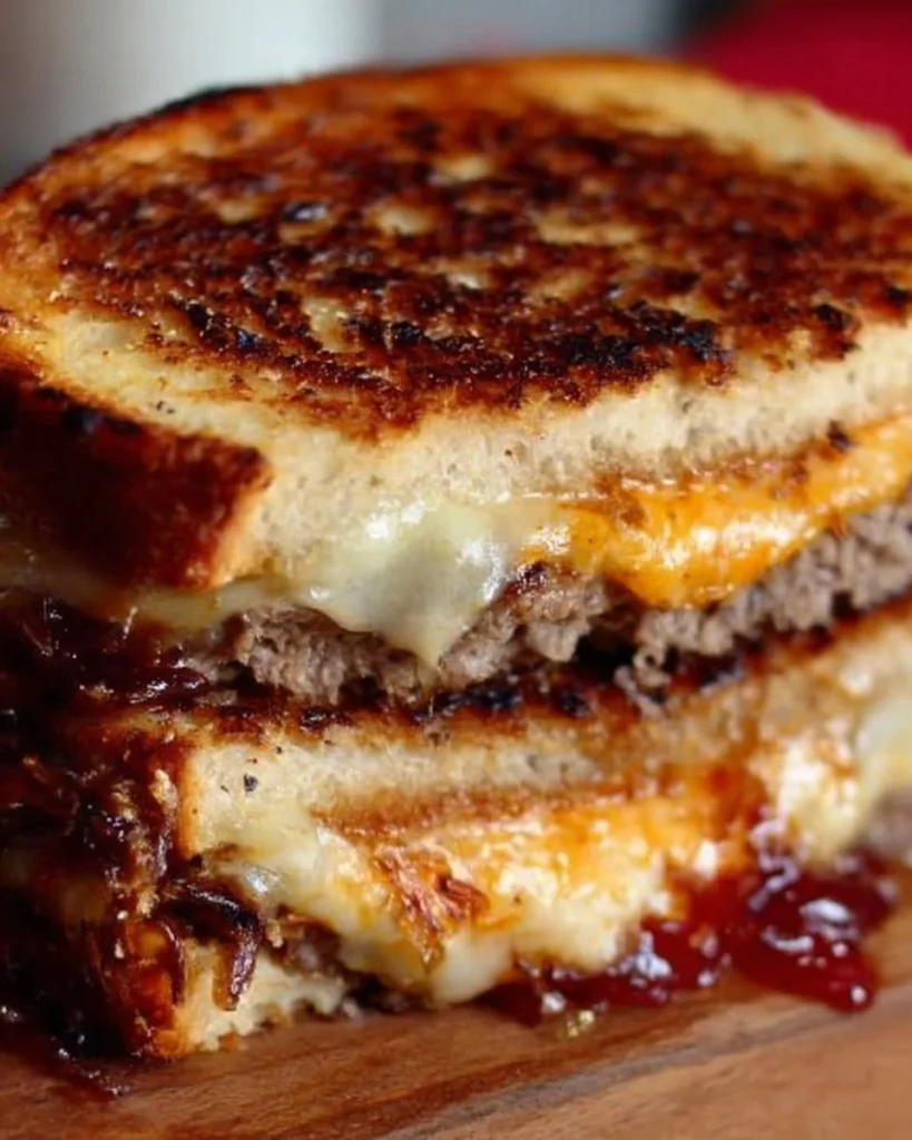Delicious classic patty melt with beef, cheese, and grilled onions on toasted bread.