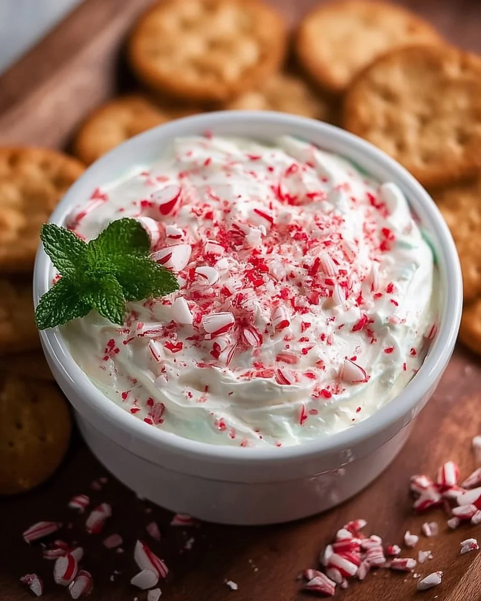 Delicious classic peppermint cheesecake dip served with festive toppings