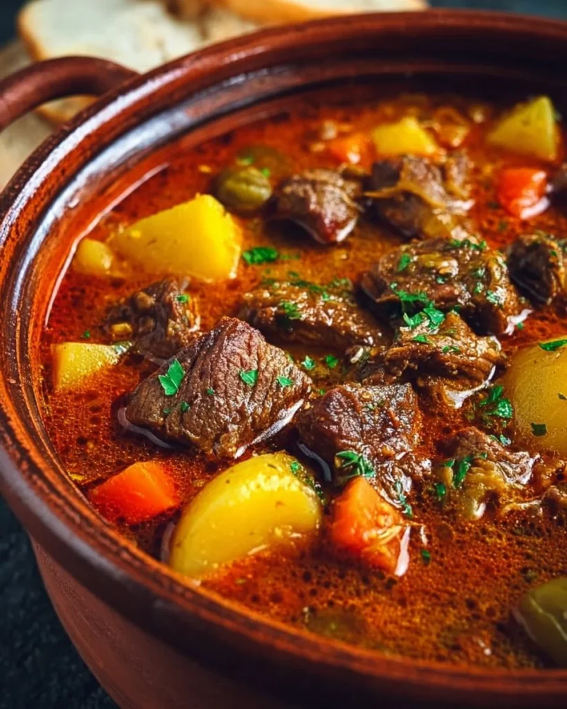 A delicious serving of classic Puerto Rican beef stew in a rustic bowl.