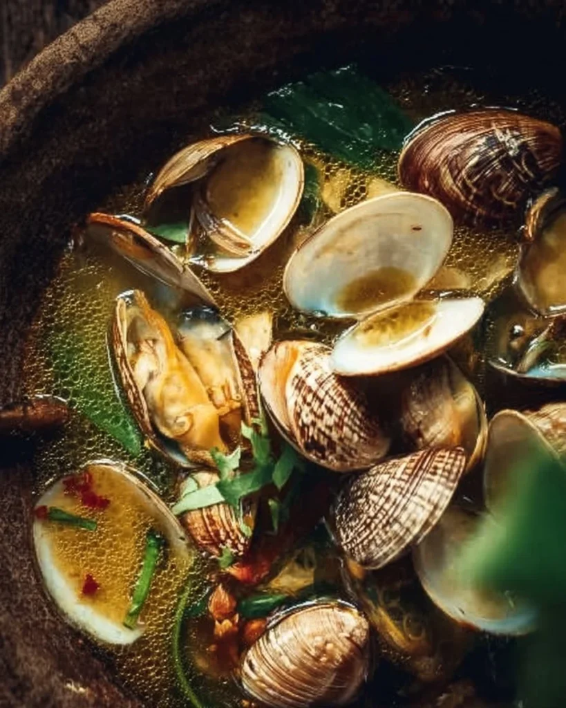 Bowl of Coconut Broth Clams with Lemongrass garnished with herbs