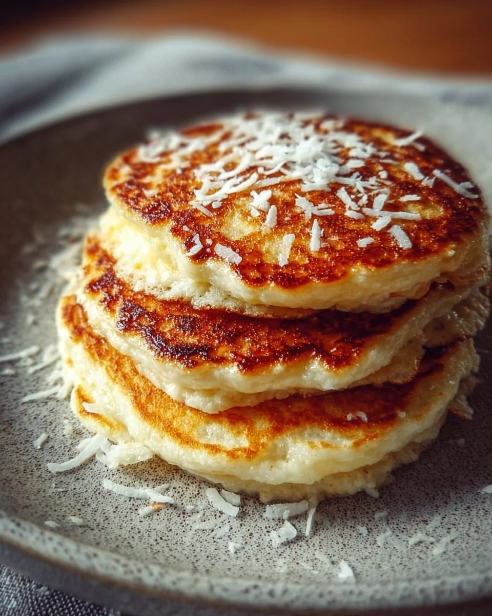 Fluffy Coconut Cream Pancakes with fresh coconut flakes and syrup on a plate
