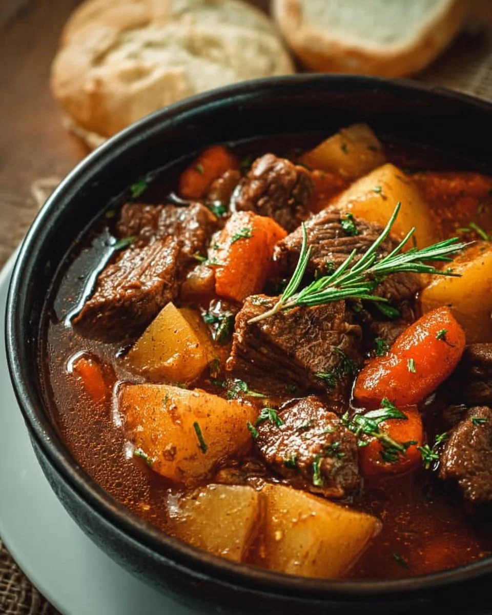 Comforting crock pot beef stew with tender meat and vegetables
