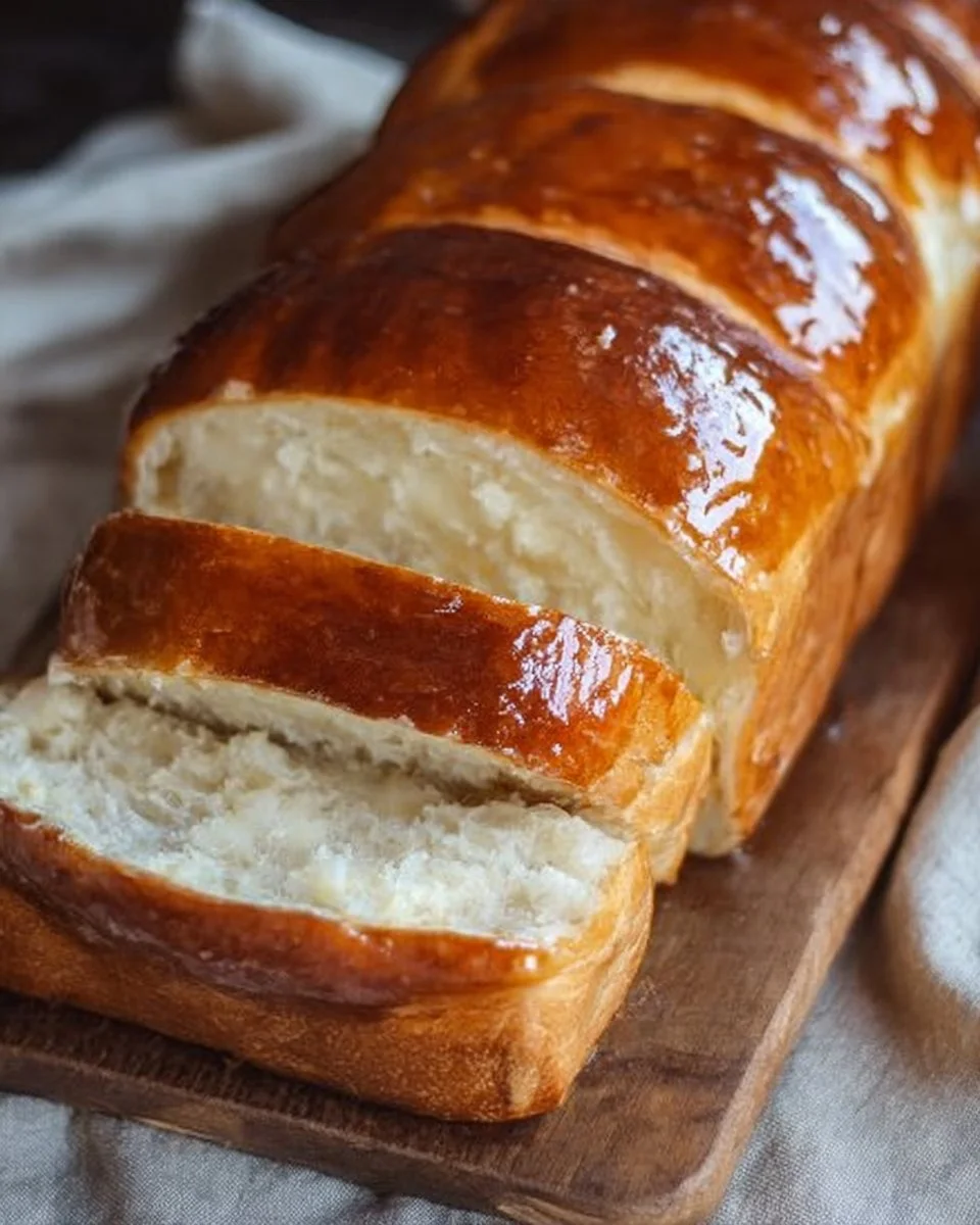 Freshly baked condensed milk bread loaf on a wooden table.