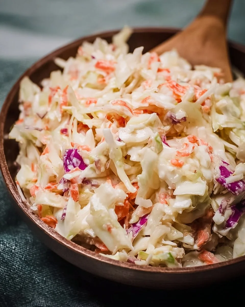 Bowl of homemade KFC coleslaw with fresh vegetables