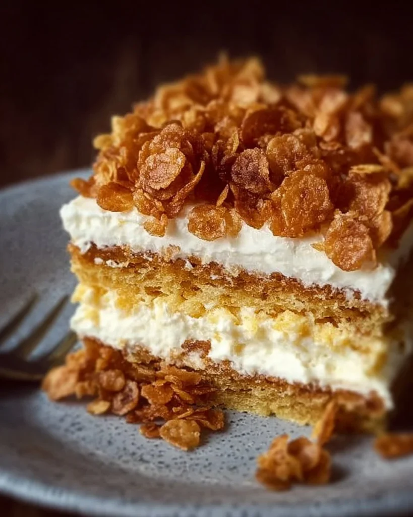 Delicious Cornflake Crunch Cake topped with crispy cornflakes