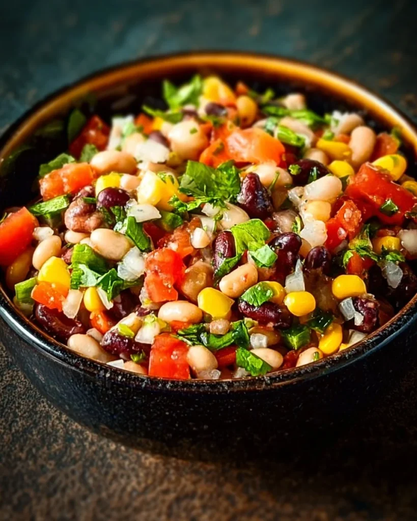 Colorful Cowboy Caviar salad with beans, tomatoes, and peppers in a bowl