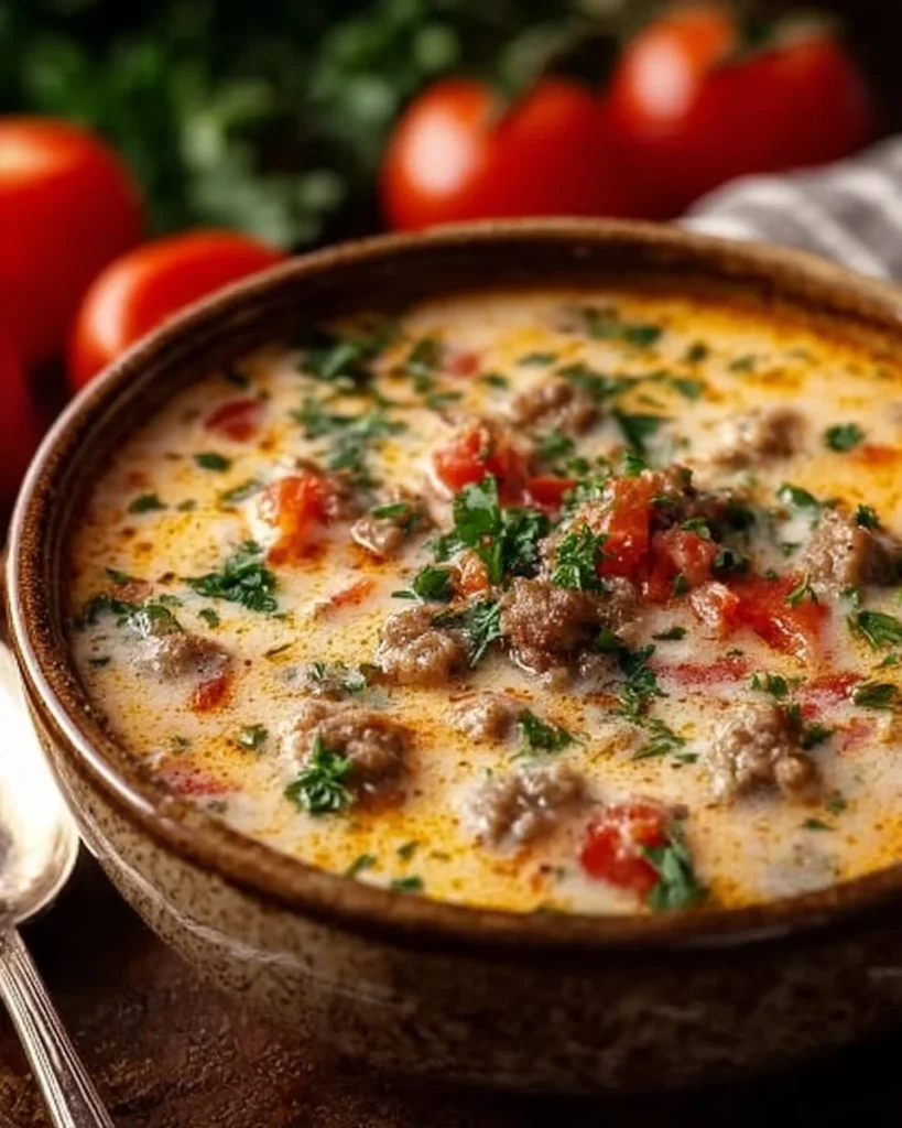 Bowl of creamy Italian Parmesan Sausage Soup garnished with herbs