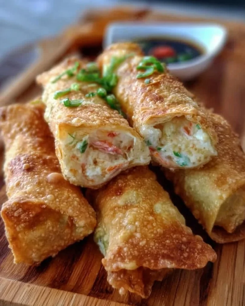 Crispy crab rangoon egg rolls served with dipping sauce