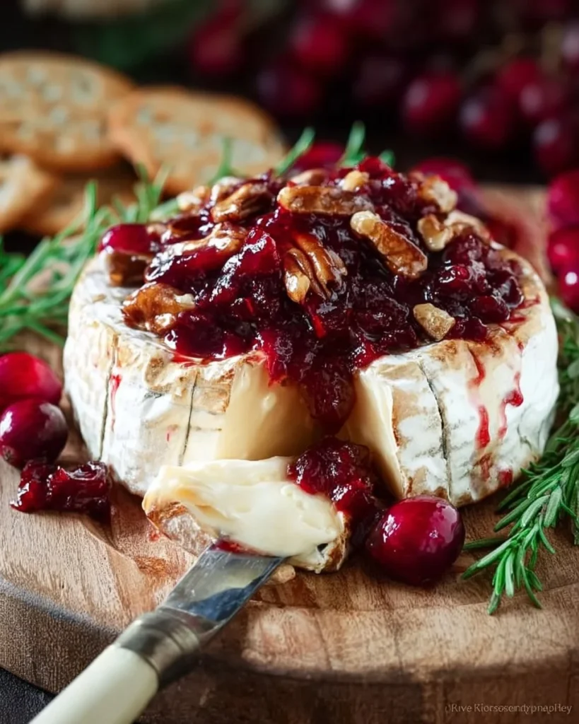 Delicious Cranberry Baked Brie topped with festive berries and nuts.