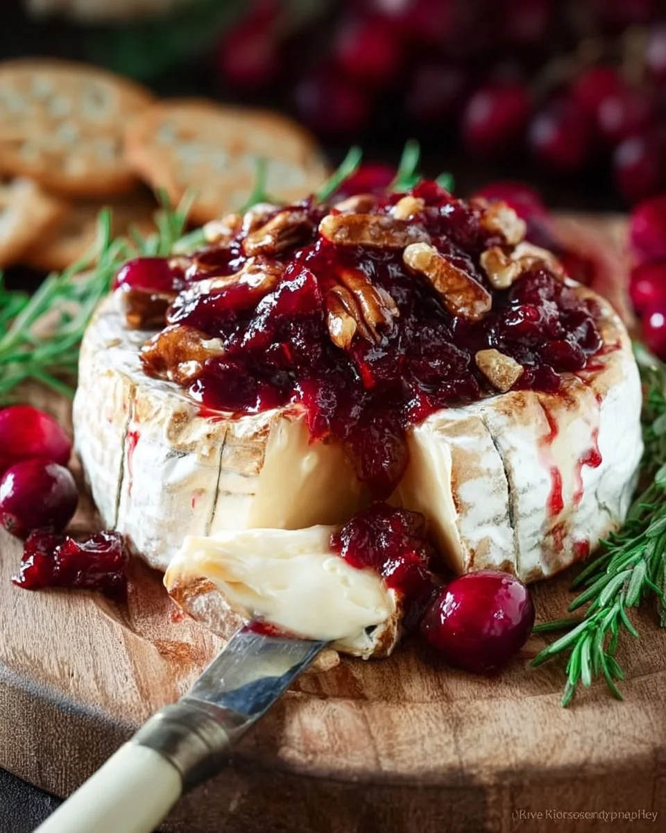 Delicious Cranberry Baked Brie topped with festive berries and nuts.
