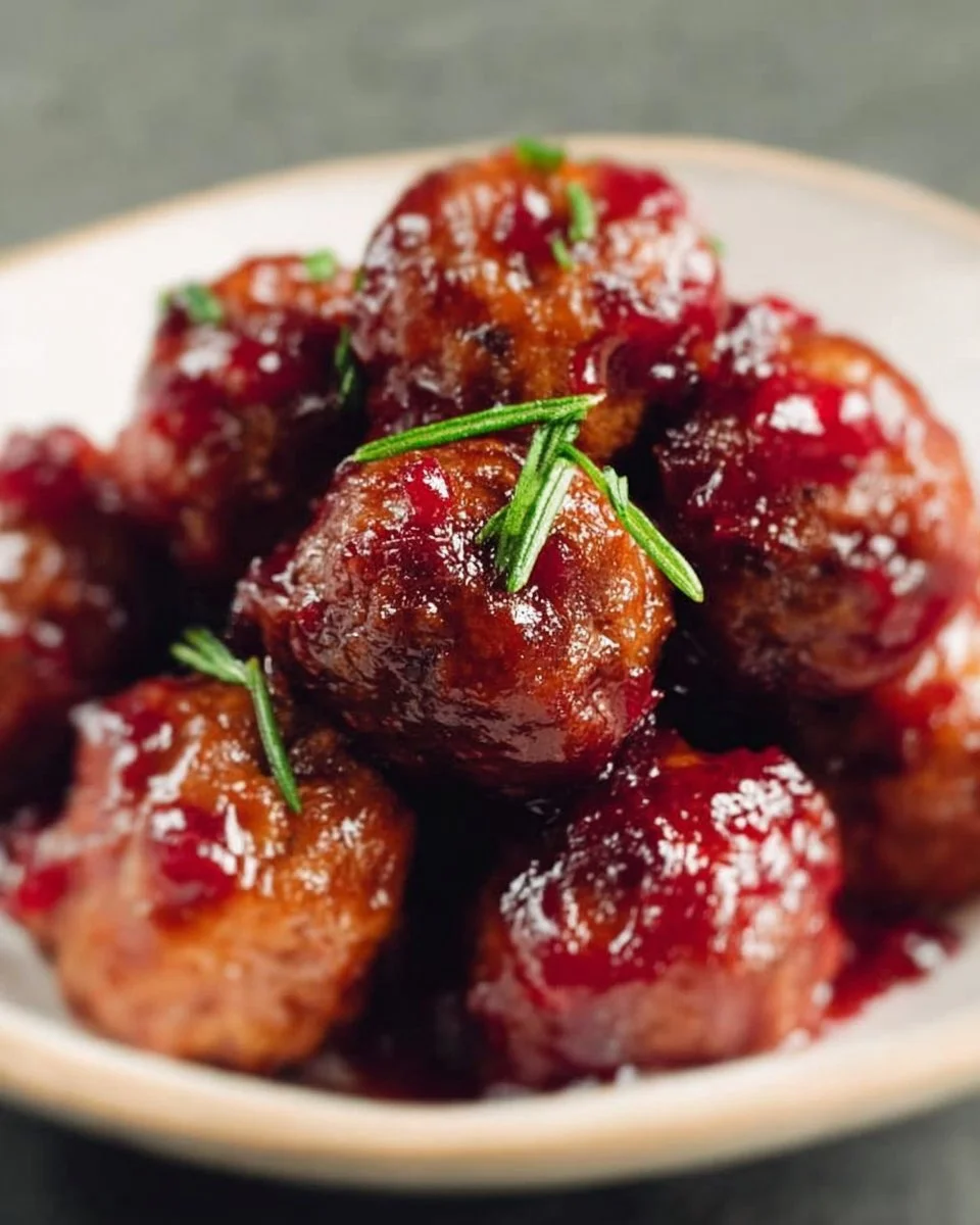 Plate of homemade cranberry meatballs garnished with herbs
