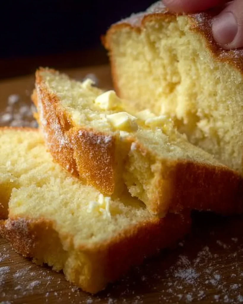 Slice of rich cream cheese pound cake on a plate with a fork