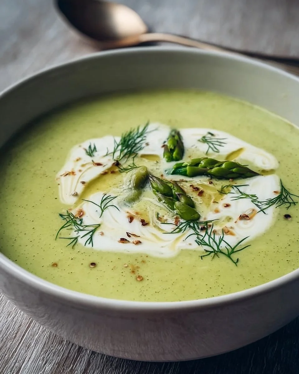 Bowl of creamy asparagus soup garnished with herbs and served with fresh bread