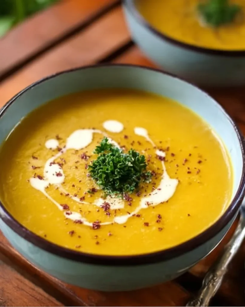 Creamy butternut squash and sweet potato soup in a bowl garnished with herbs.