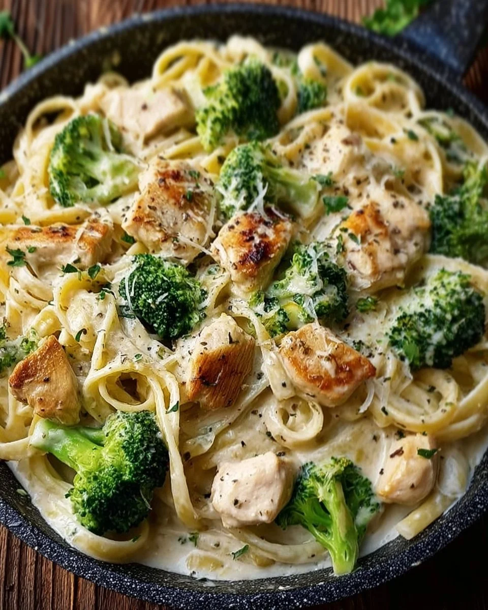 Creamy Chicken Broccoli Alfredo with chicken and broccoli in a rich sauce