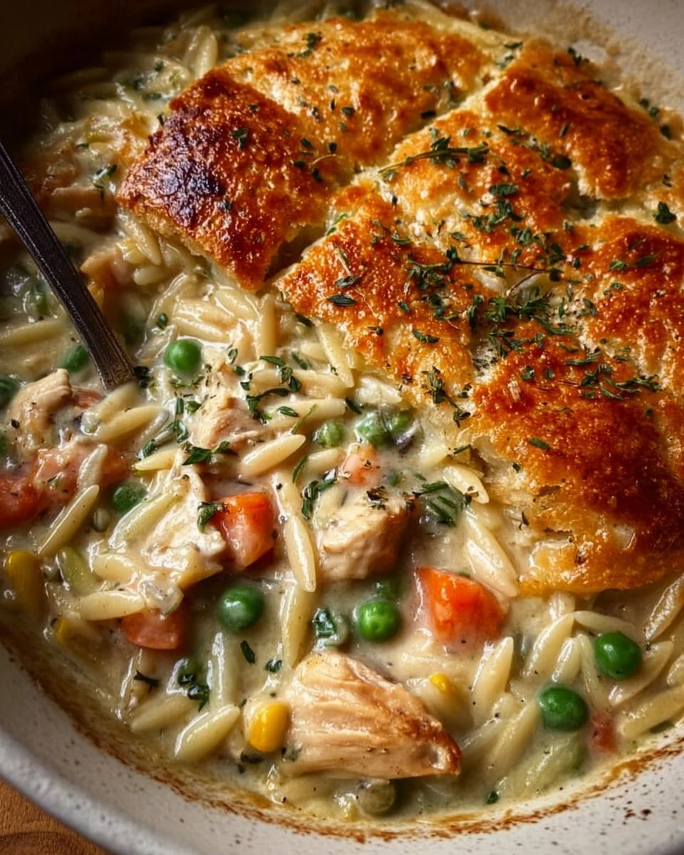 Delicious creamy Chicken Pot Pie Orzo served in a bowl