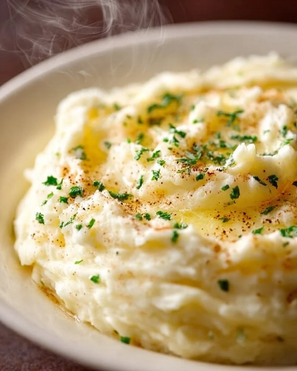 Bowl of creamy garlic butter mashed potatoes topped with herbs