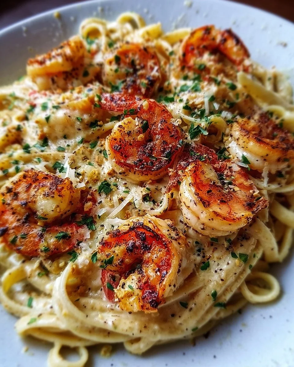 Creamy garlic shrimp Alfredo pasta served in a bowl