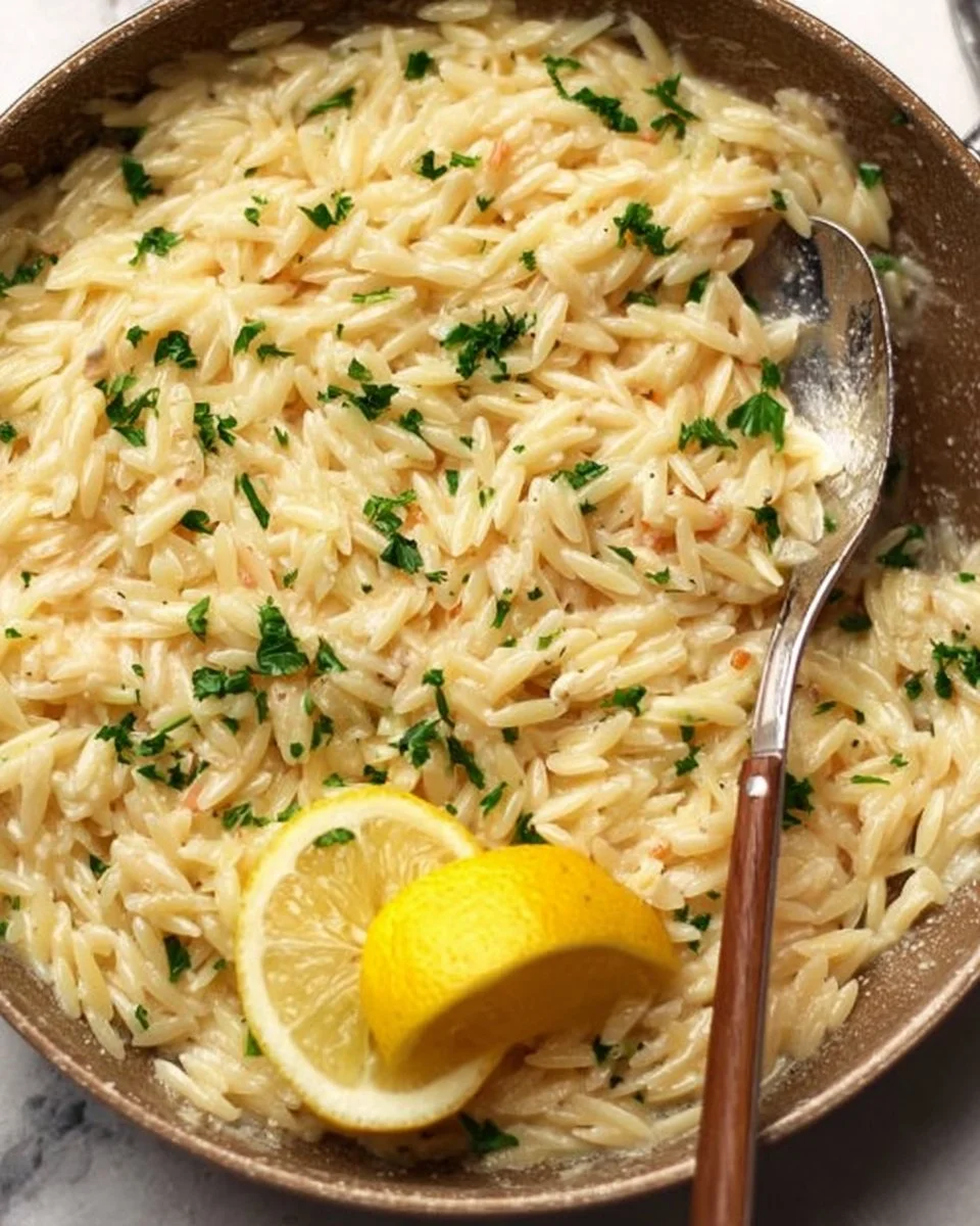 Creamy lemon parmesan orzo dish garnished with fresh herbs