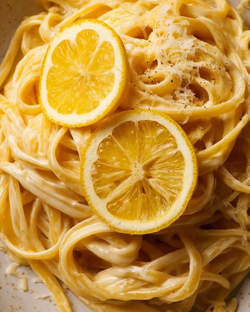 Creamy Meyer lemon pasta garnished with fresh herbs and lemon zest.