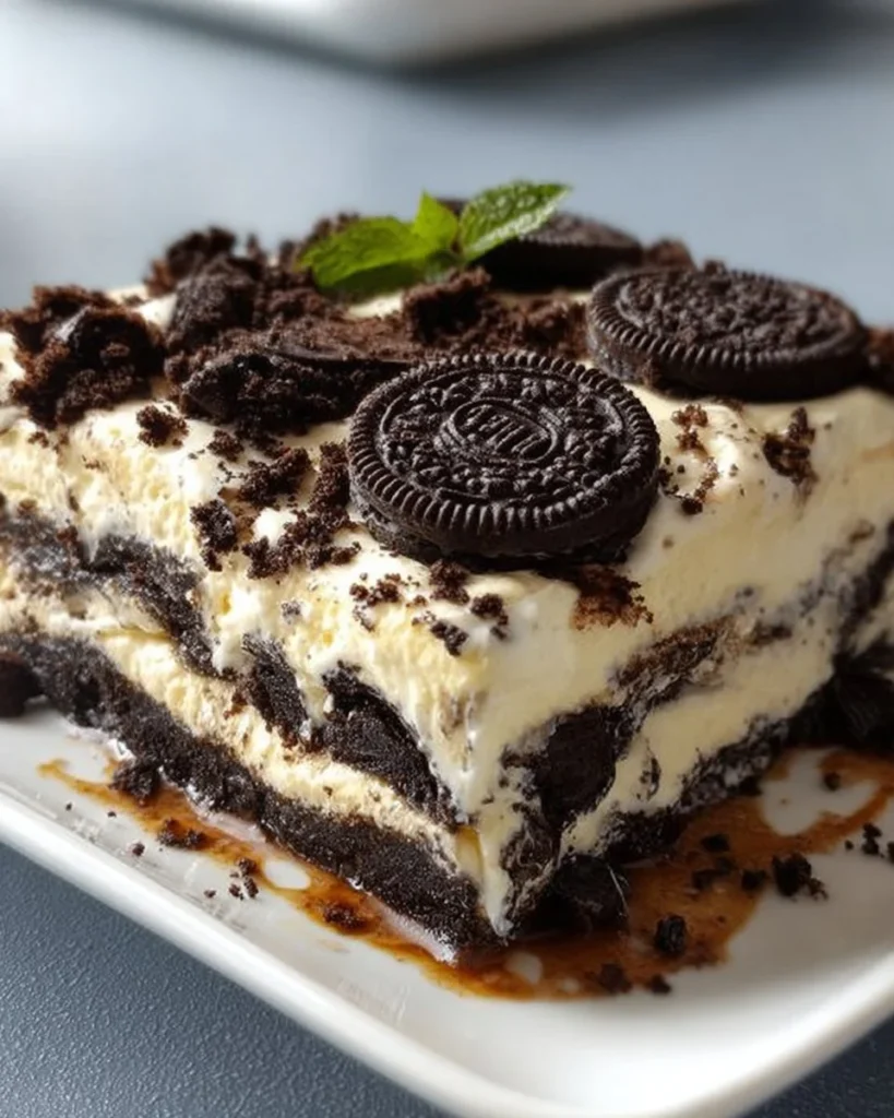 Creamy Oreo lasagna dessert with layers of chocolate and cream