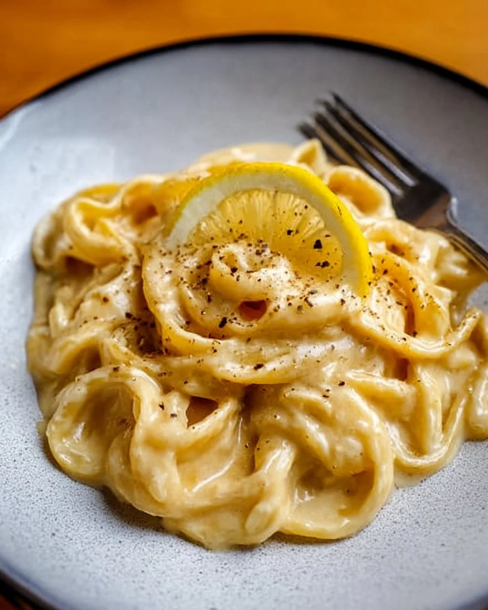 Creamy roast garlic and lemon pasta sauce drizzled over spaghetti