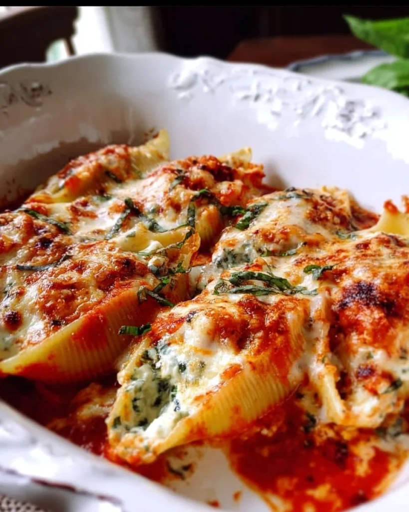 Delicious creamy stuffed shells topped with marinara sauce and cheese