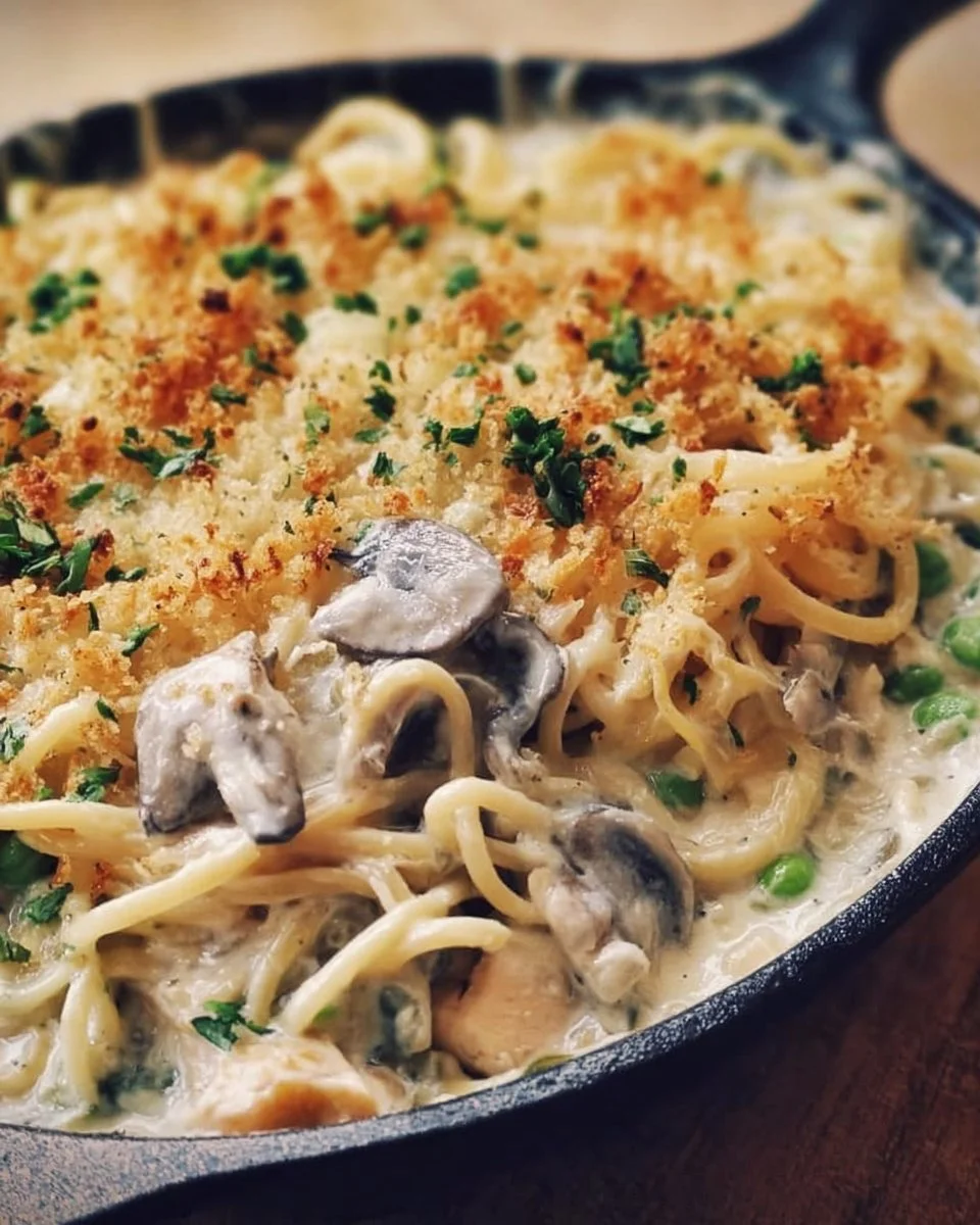 Creamy turkey tetrazzini casserole with mushrooms and pasta in a baking dish