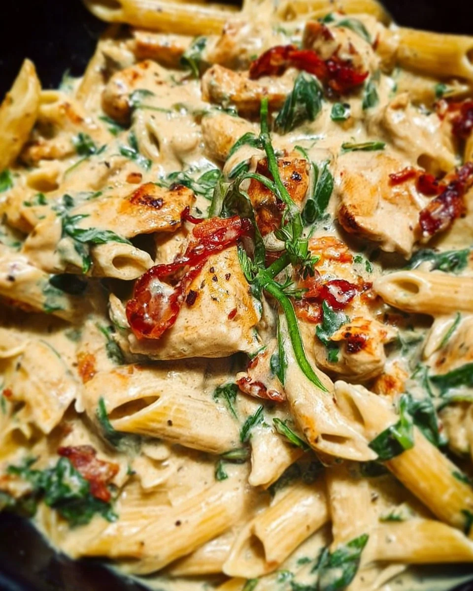 Creamy Tuscan chicken pasta with vibrant veggies and herbs