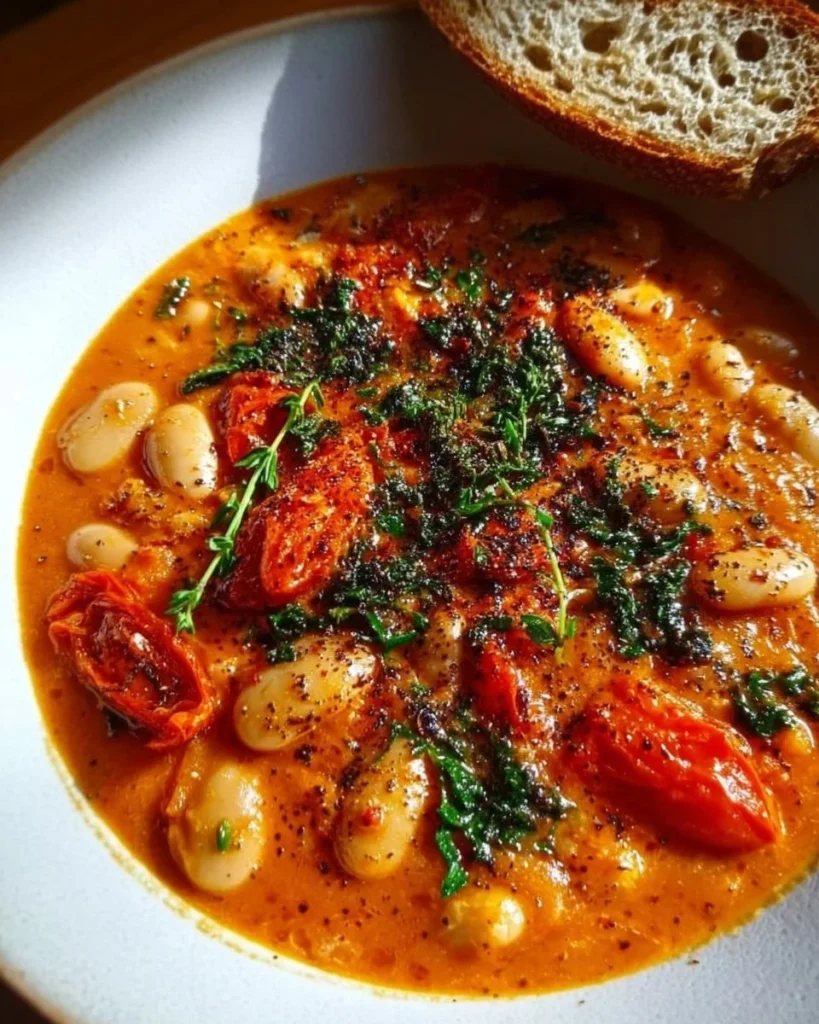 Creamy vegan tomato and white bean stew served in a bowl with fresh herbs
