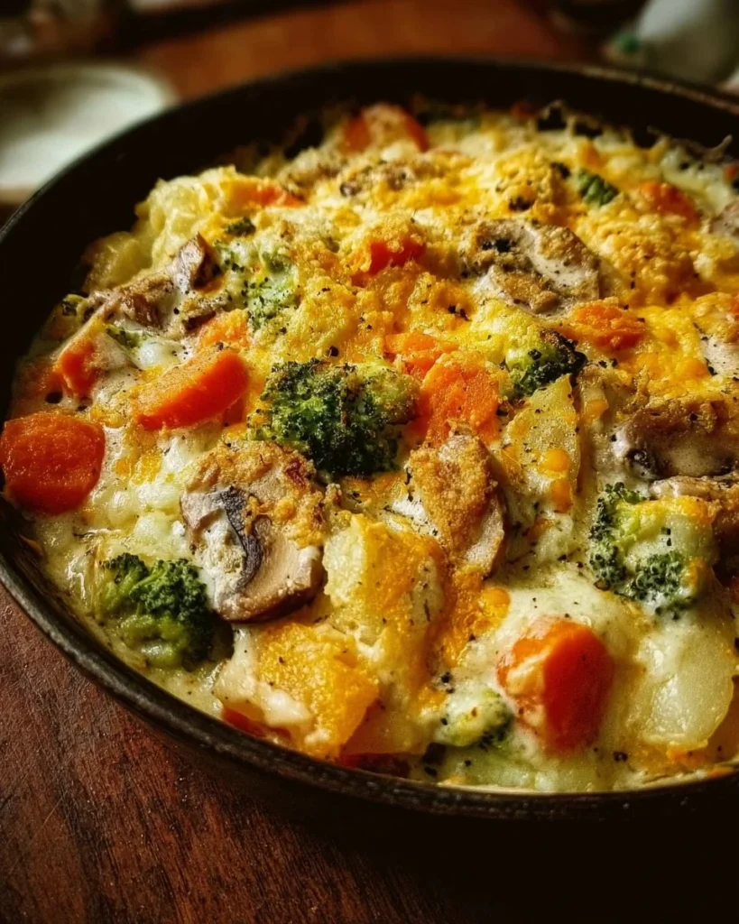 Creamy vegetable casserole topped with cheese and fresh herbs