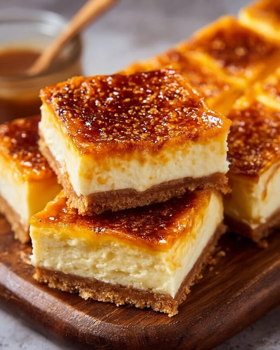 Crème brûlée cheesecake bars with a crunchy topping served on a plate