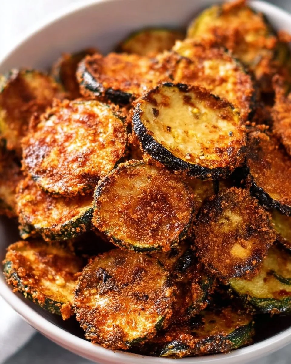 Crispy air fryer zucchini chips served in a bowl, perfect snack for healthy eating.