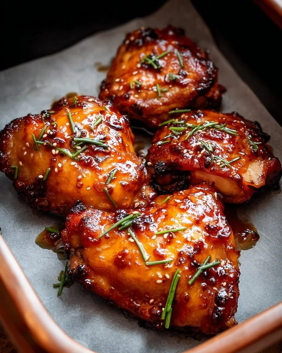 Crispy Asian glazed chicken thighs cooked in an air fryer, garnished and delicious