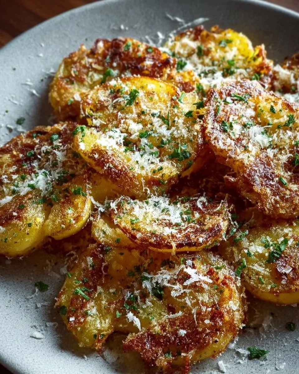 Crispy baked smashed potatoes topped with garlic and Parmesan cheese