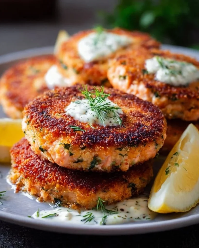 Crispy canned salmon cakes ready to serve for an easy weeknight dinner