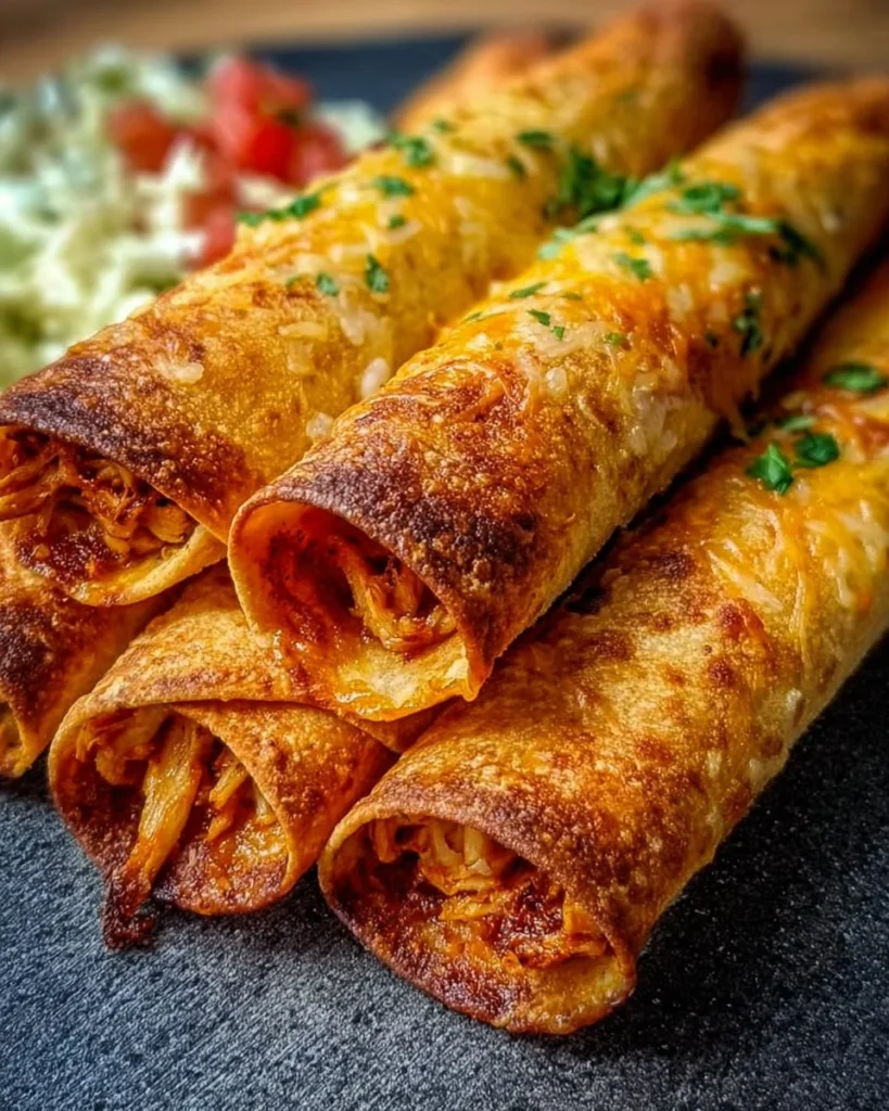 Delicious crispy chicken taquitos served with dipping sauce