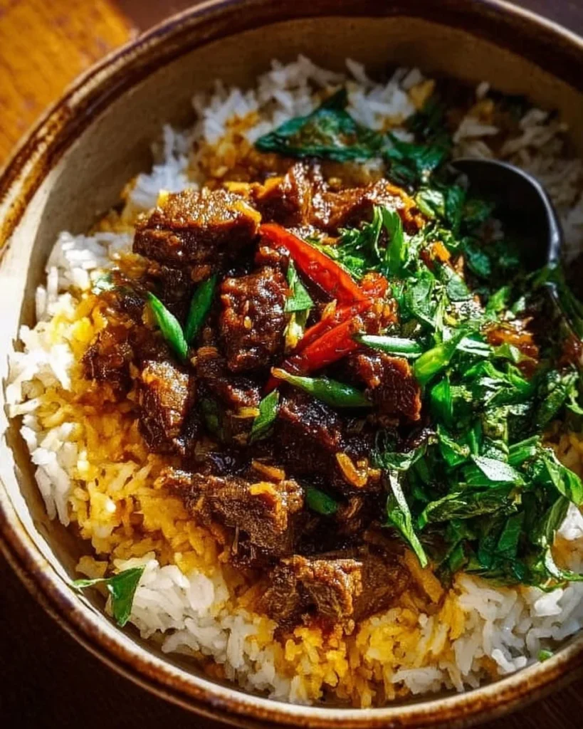 Crispy Cumin Lamb with Brothy Rice dish on a plate
