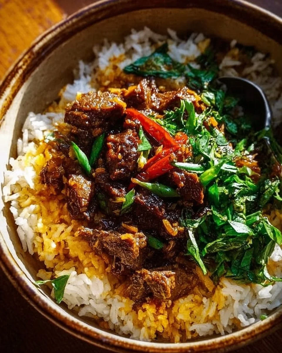 Crispy Cumin Lamb with Brothy Rice dish on a plate