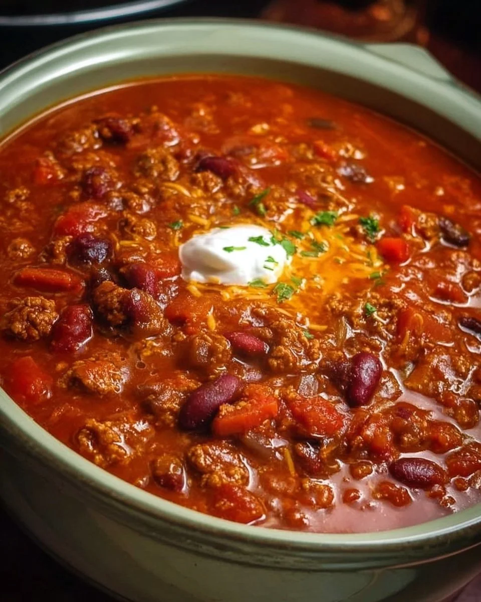 Delicious Crock Pot Chili served in a bowl with toppings
