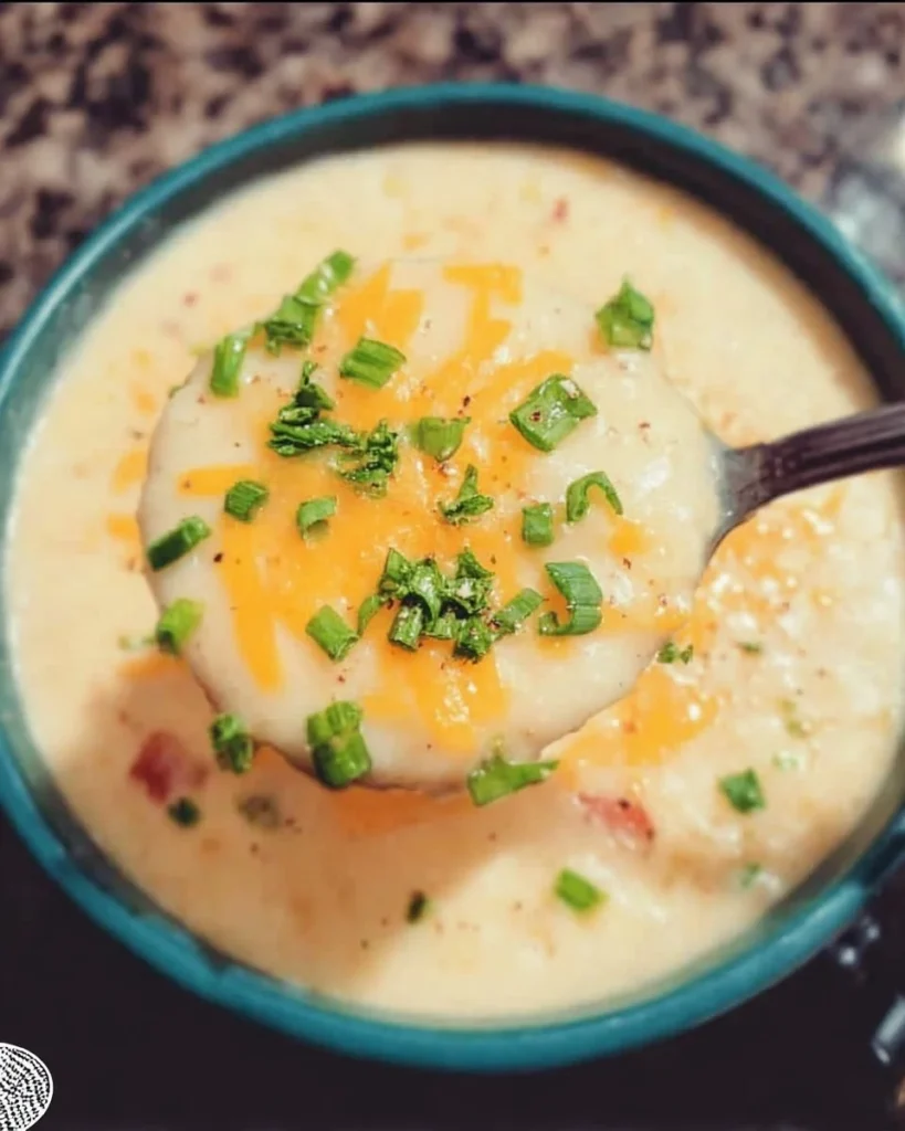 Bowl of creamy Crock Pot potato soup topped with fresh herbs.