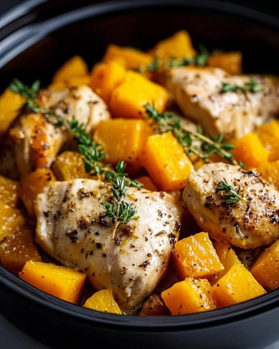 Crockpot Maple Dijon Chicken served with roasted butternut squash